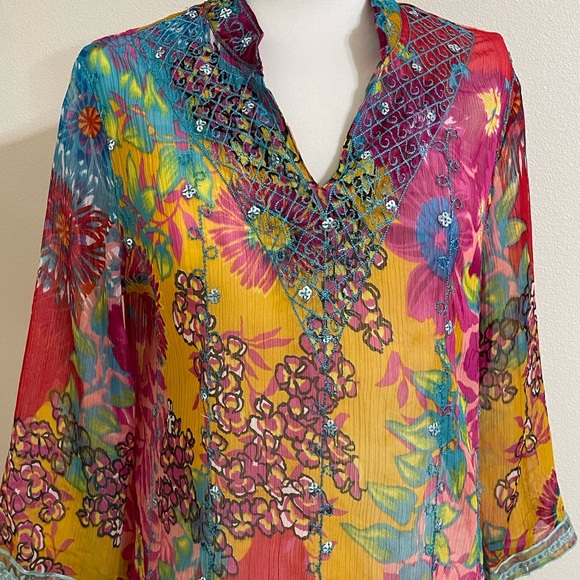 VINTAGE CHARMS Womens Pink Blue Floral Print Embroidered Tunic Size Medium - Picture 3 of 11